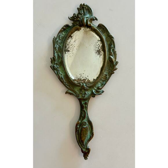 Antique Accessories - Antique French Louis XV Style Bronze Beveled Hand Mirror